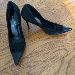 Valentino, black suede and leather heels in size 37 1/2.